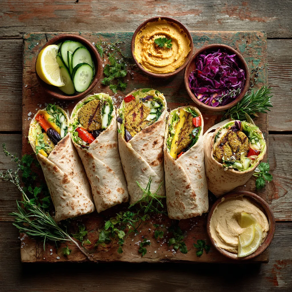 Wraps falafel houmous et légumes grillés vue de dessus sur planche en bois