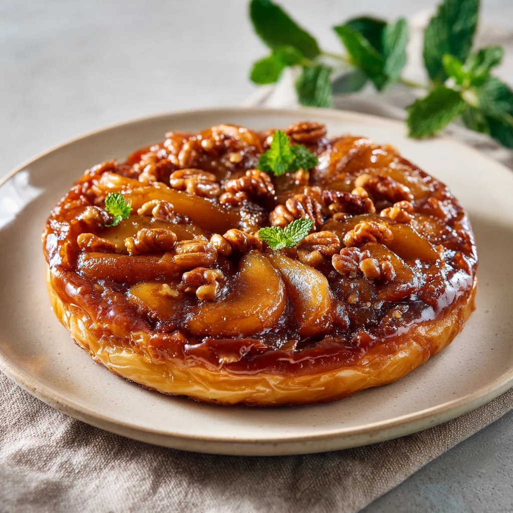Tarte Tatin pommes et noix vue de dessus entière dorée