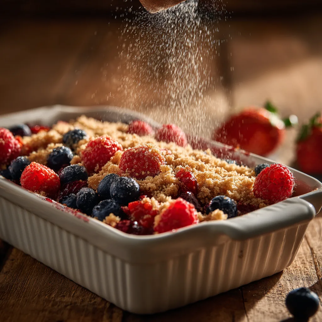 Assemblage du crumble aux fruits rouges : pâte sableuse émiettée sur les fruits dans le plat