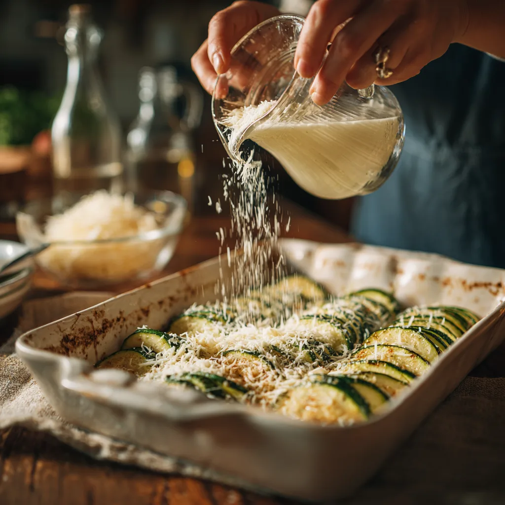 Assemblage du gratin de courgettes avec l'appareil crème et œufs