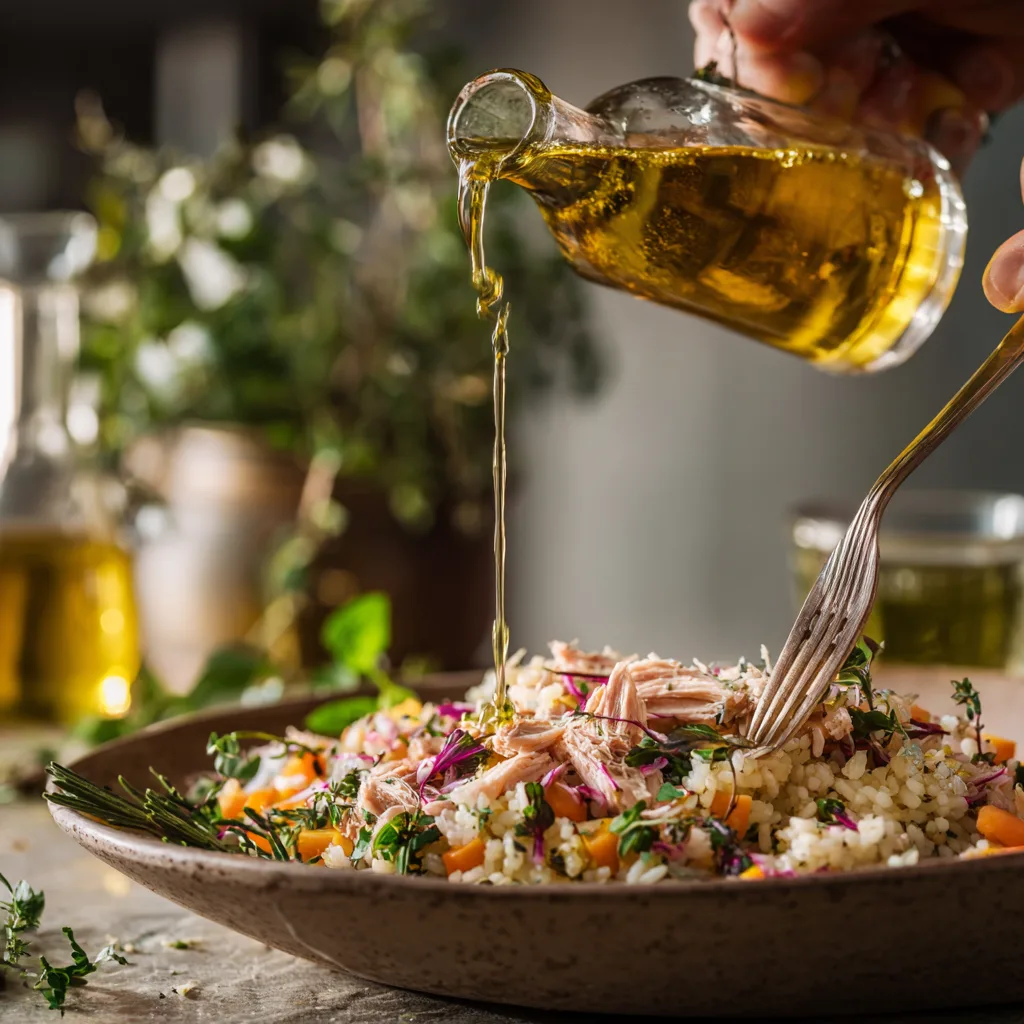 Assemblage de la salade de riz niçoise avec ajout de la vinaigrette à l'huile d'olive