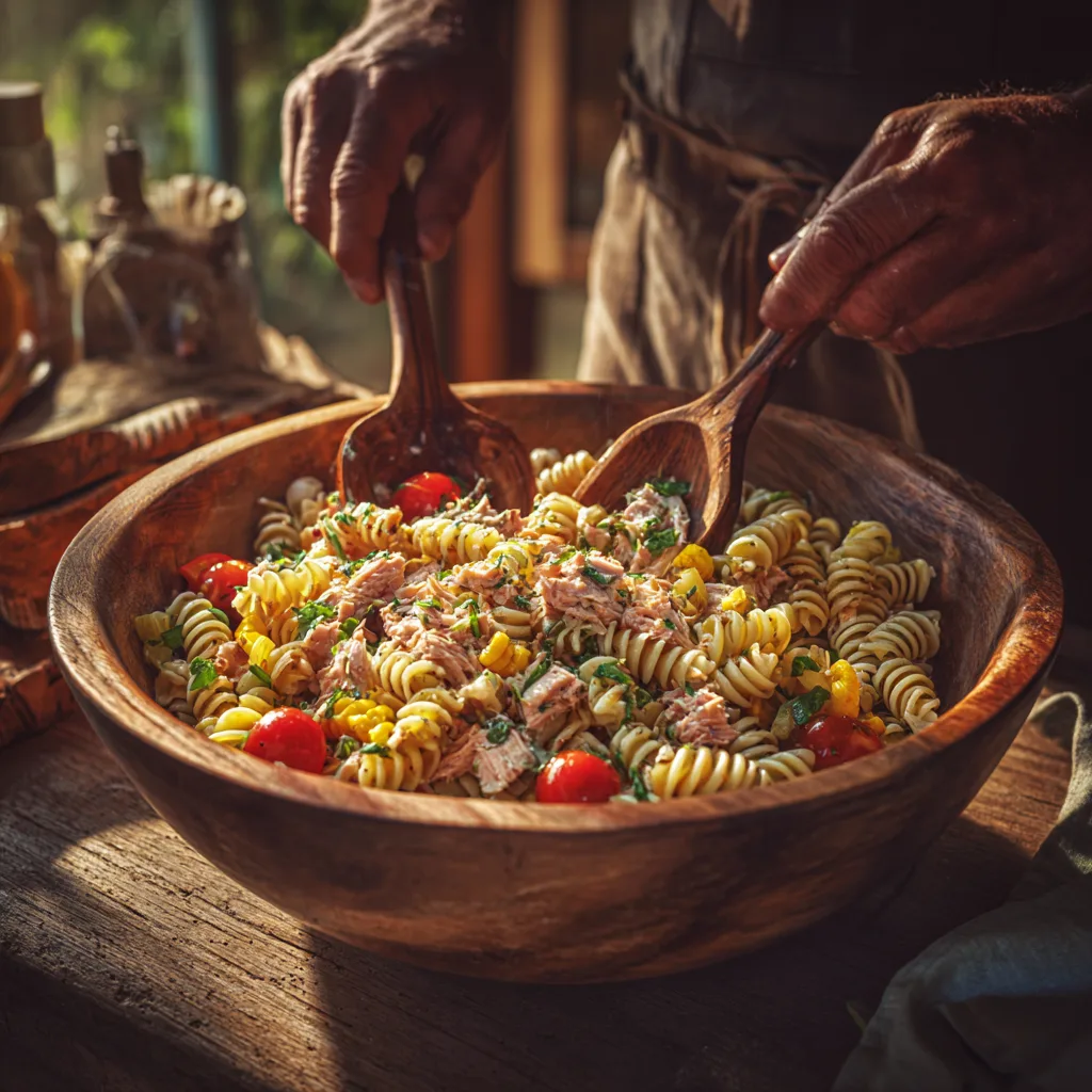 Mélange des ingrédients de la salade de pâtes au thon dans un grand saladier en bois