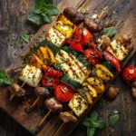 Brochettes de légumes et halloumi grillé vue de dessus sur planche en bois
