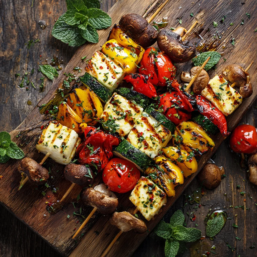 Brochettes de légumes et halloumi grillé vue de dessus sur planche en bois