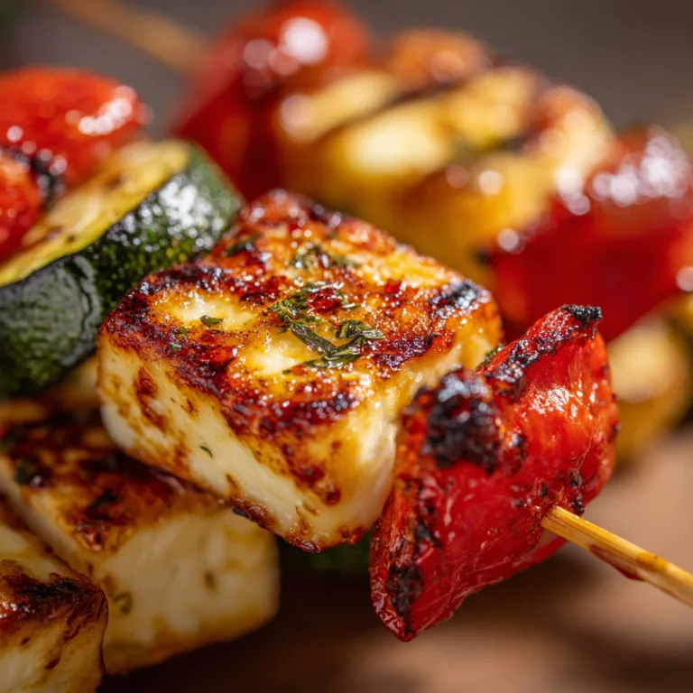 Gros plan sur le halloumi grillé doré sur brochette de légumes