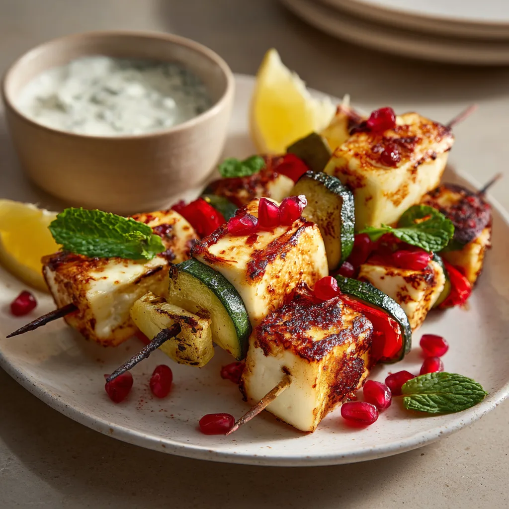 Brochettes de légumes et halloumi grillé dressées sur plat de service blanc