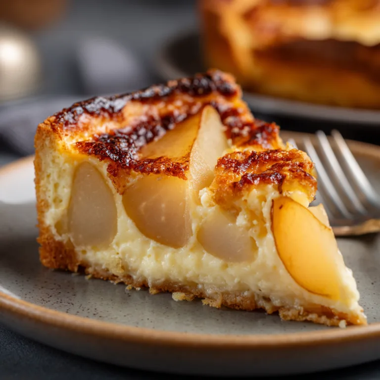 Gros plan sur la texture moelleuse et crémeuse d'un clafoutis aux poires