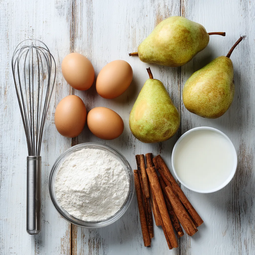Ingrédients du clafoutis aux poires disposés sur une table en bois : poires, œufs, farine, lait, sucre
