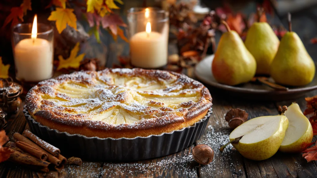 Clafoutis aux poires fait maison doré et moelleux sur une table avec décoration automnale