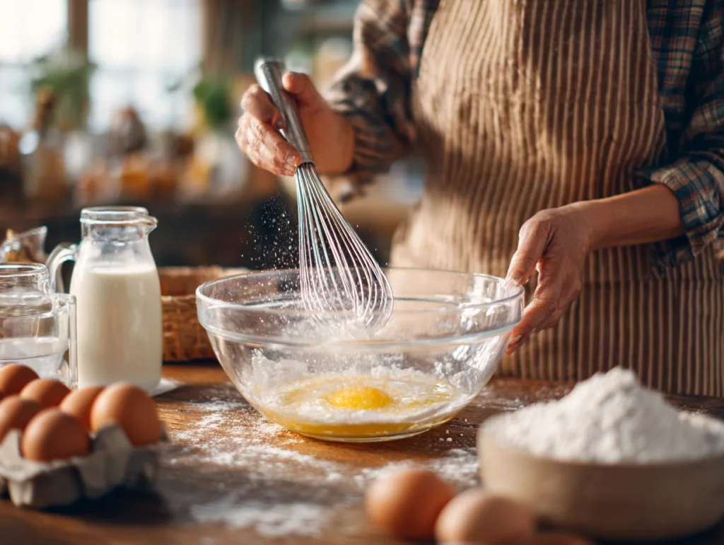 Préparation de la pâte du clafoutis aux poires en fouettant les œufs et le sucre dans un saladier