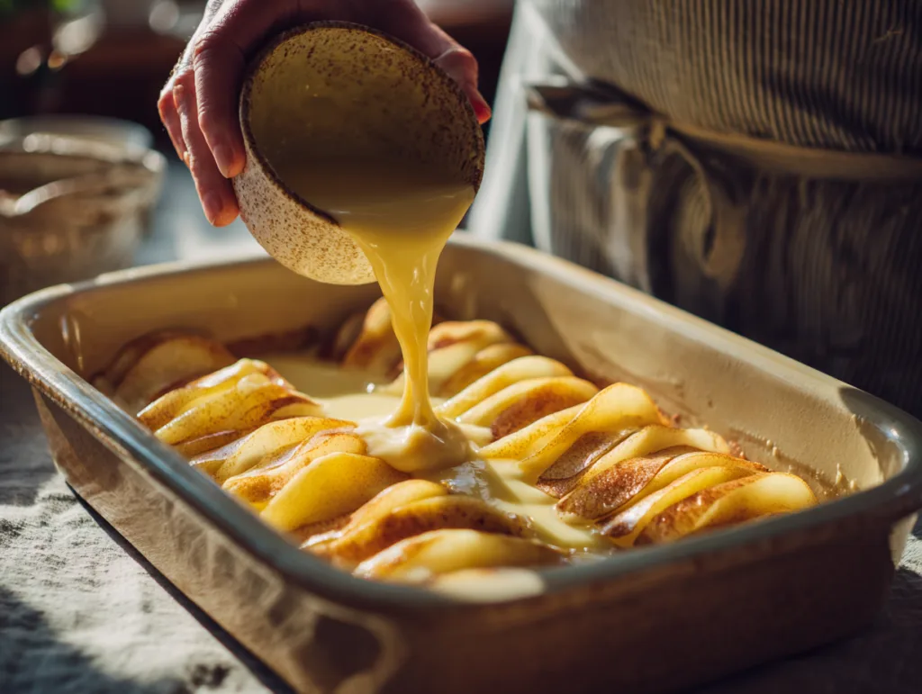 Versement de la pâte sur les morceaux de poires dans le moule avant la cuisson du clafoutis