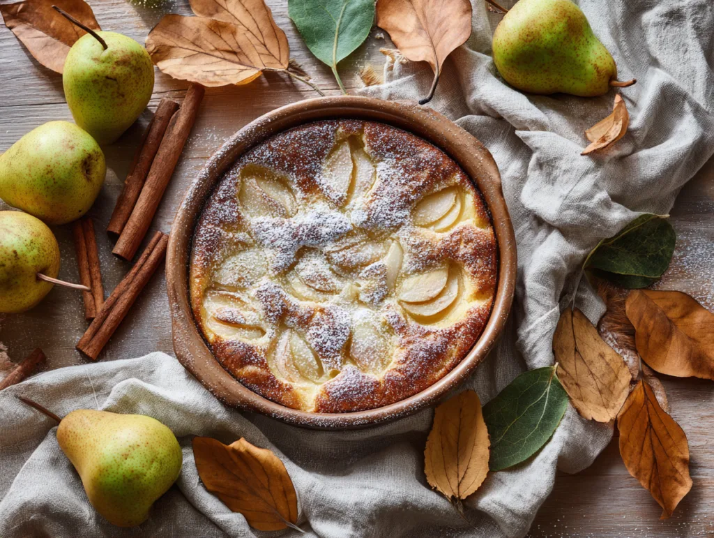 Clafoutis aux poires fait maison vu de dessus dans un plat en céramique rustique