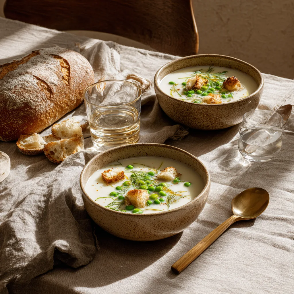 Crème de pois cassés servie dans deux bols sur une table rustique avec pain et accompagnements