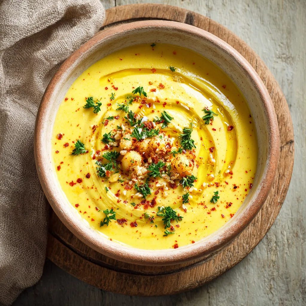 Crème de pois cassés onctueuse dans un bol céramique vue de dessus, garnie d'huile d'olive et croûtons