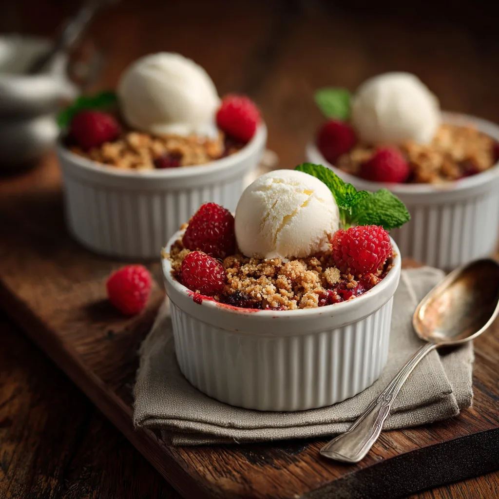 Crumble aux fruits rouges servi en ramequin individuel avec une boule de glace vanille et framboises fraîches