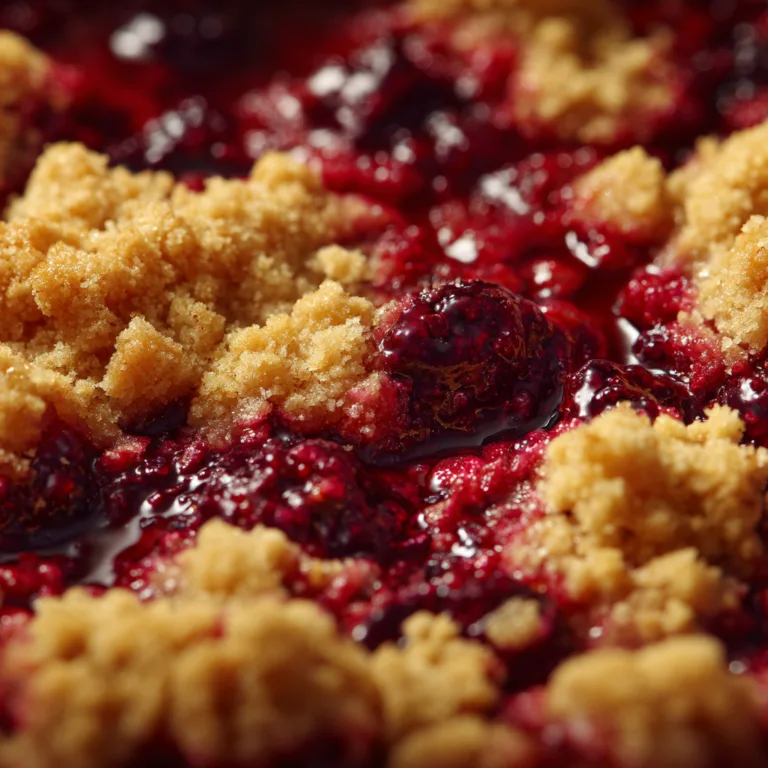 Gros plan sur la texture croustillante et dorée du crumble aux fruits rouges