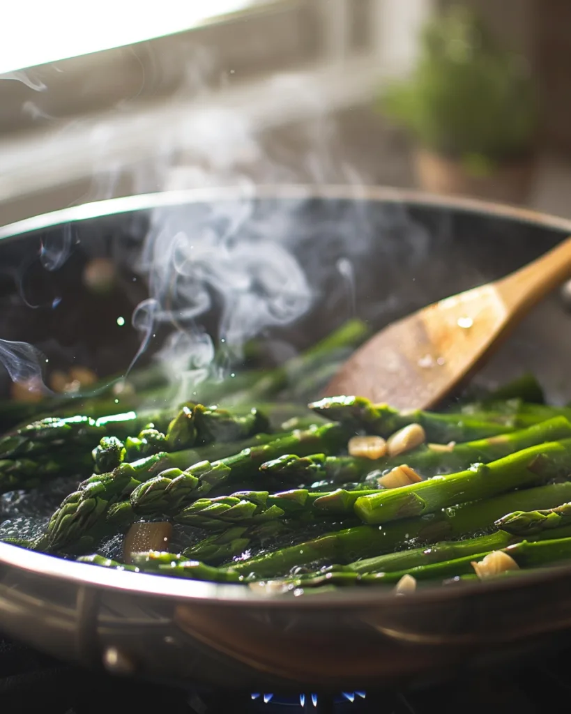 Cuisson des asperges vertes dans la poêle pour linguine asperges citron
