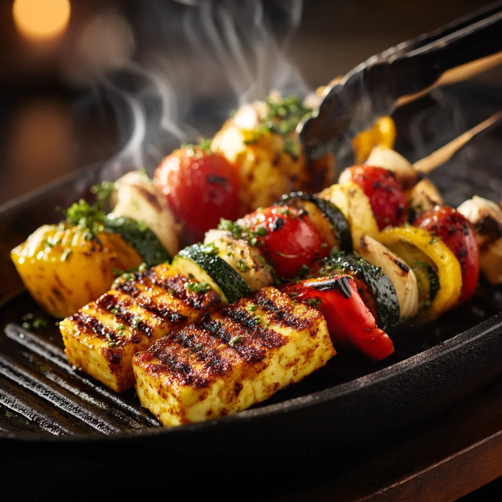 Cuisson des brochettes de légumes et halloumi grillé sur poêle gril