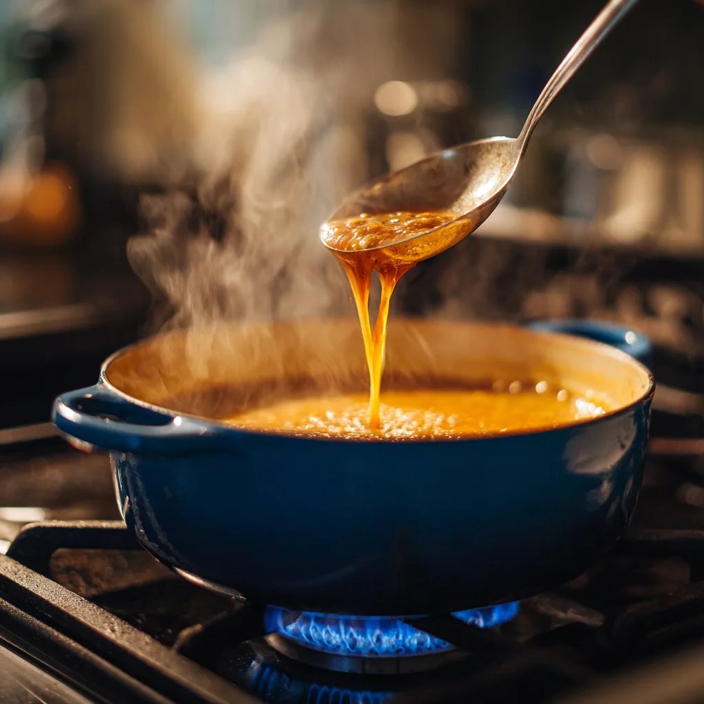 Mixage de la crème de pois cassés avec un mixeur plongeant dans une casserole en fonte