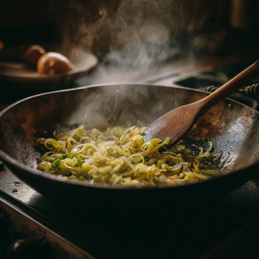 Cuisson des poireaux à la poêle pour la garniture de la tarte poireaux et chèvre