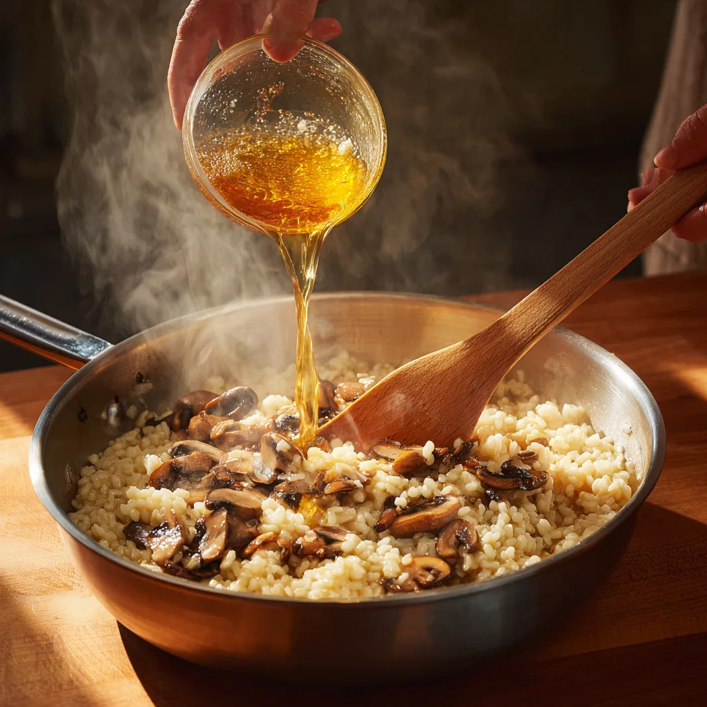 Cuisson risotto aux champignons sauvages ajout bouillon louche par louche