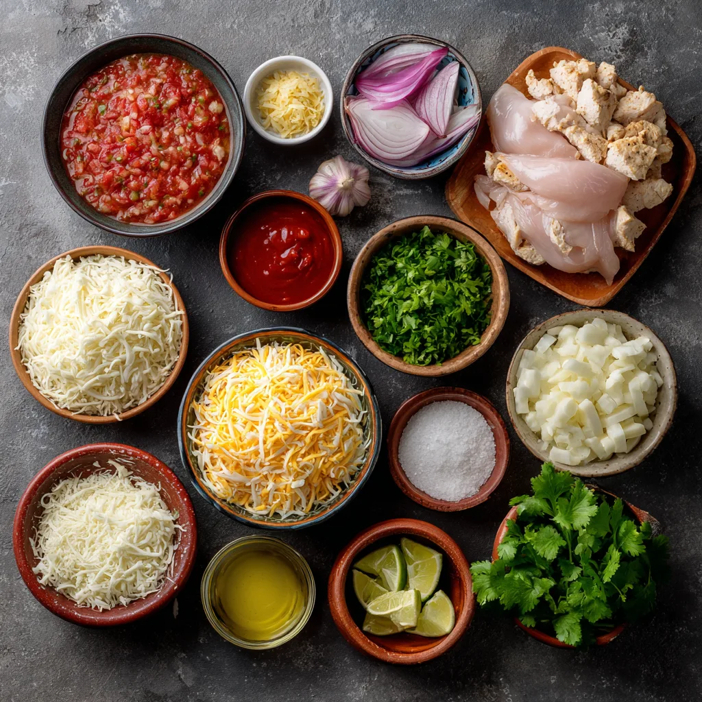 Ingrédients enchiladas au poulet disposés sur marbre blanc