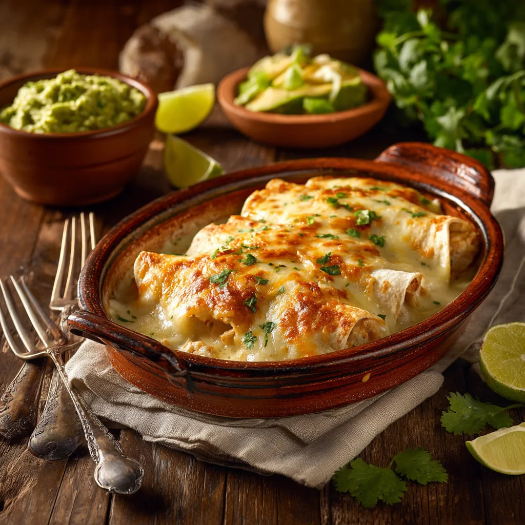 Enchiladas au poulet servies sur table avec guacamole et accompagnements