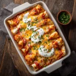 Enchiladas au poulet maison dans un plat en céramique, vue de dessus