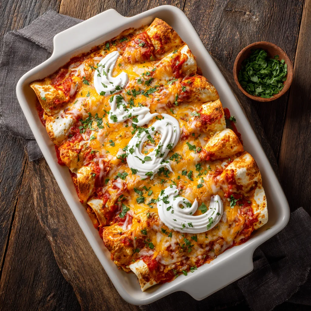 Enchiladas au poulet maison dans un plat en céramique, vue de dessus