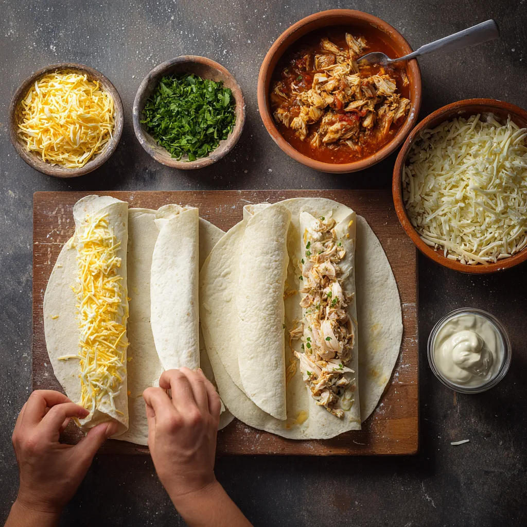 Assemblage des enchiladas au poulet, rouler les tortillas garnies