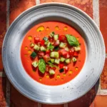 gazpacho tomates et concombre dans un bol blanc vu de dessus