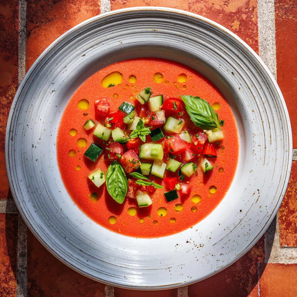 gazpacho tomates et concombre dans un bol blanc vu de dessus