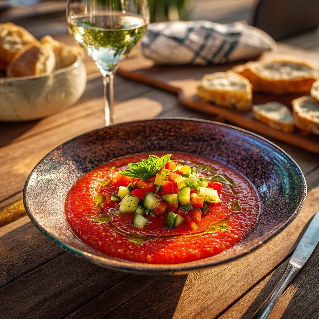 gazpacho tomates et concombre dressé sur table estivale