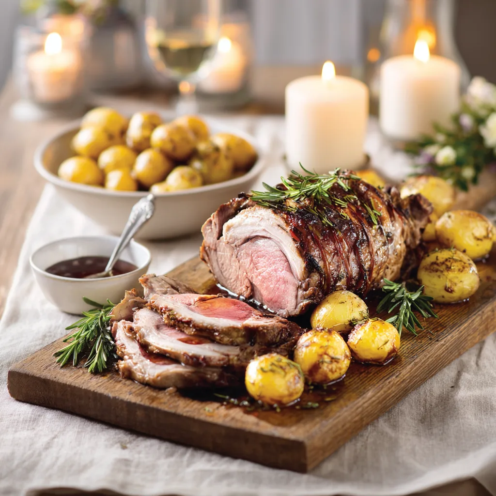 gigot d'agneau au four tranché rosé table dressée repas familial