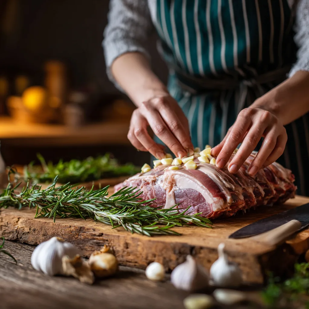 préparation gigot d'agneau au four insertion ail dans la chair