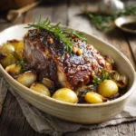 gigot d'agneau au four entier doré avec pommes de terre et romarin
