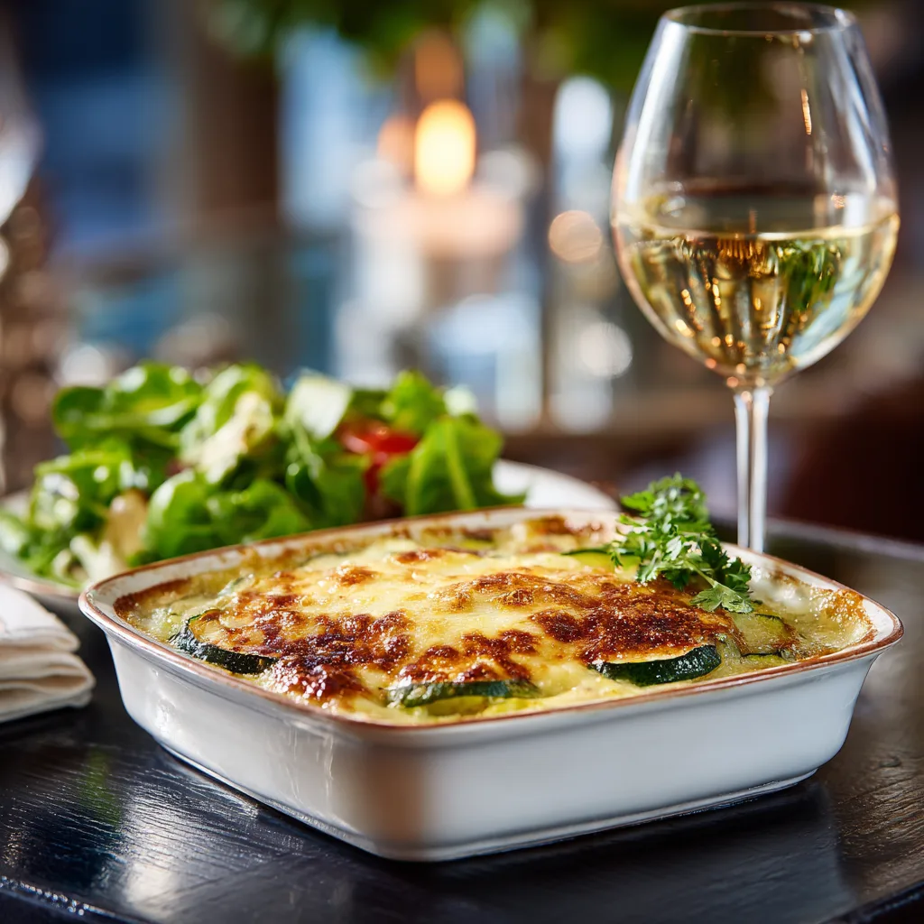 Gratin de courgettes doré servi sur table avec salade verte