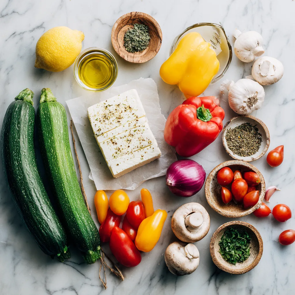 ngrédients pour brochettes de légumes et halloumi grillé à plat sur marbre