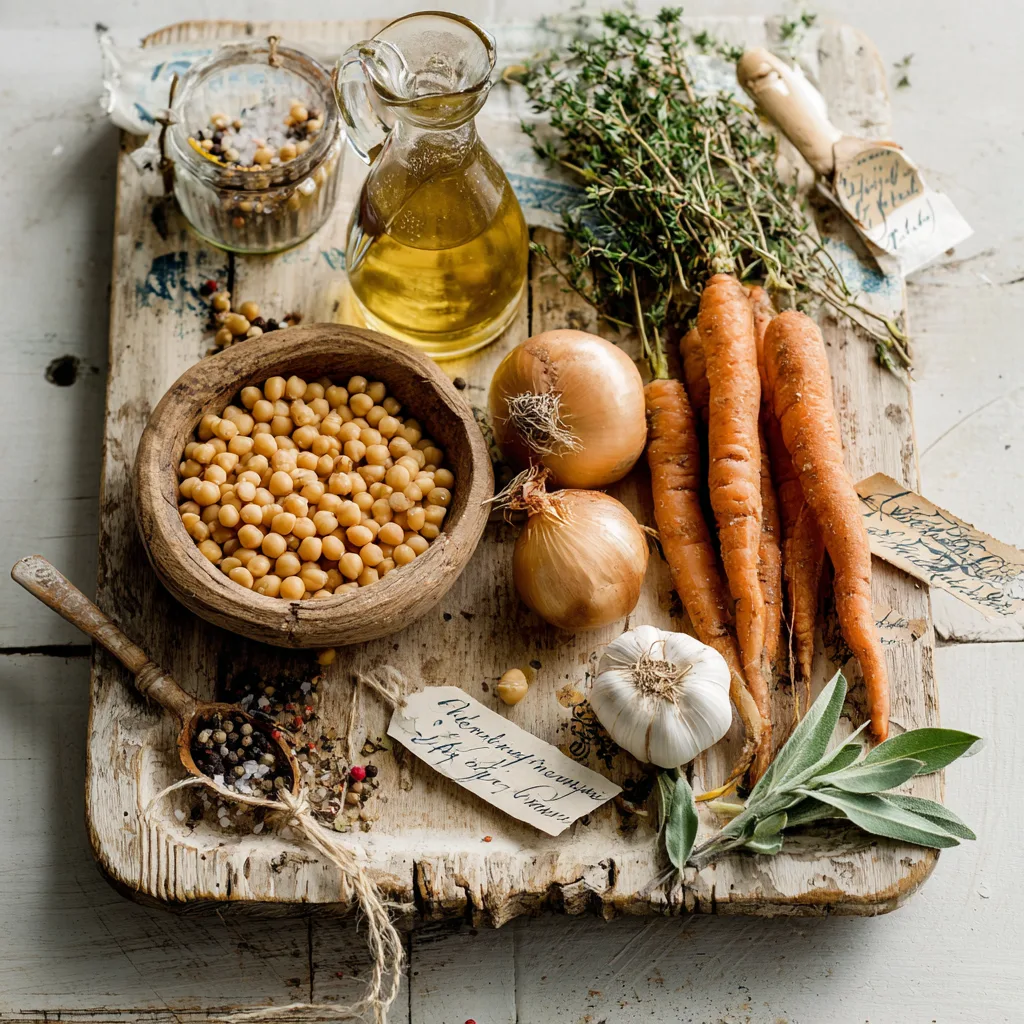 Ingrédients de la crème de pois cassés disposés à plat : pois secs, carottes, oignon, ail et herbes