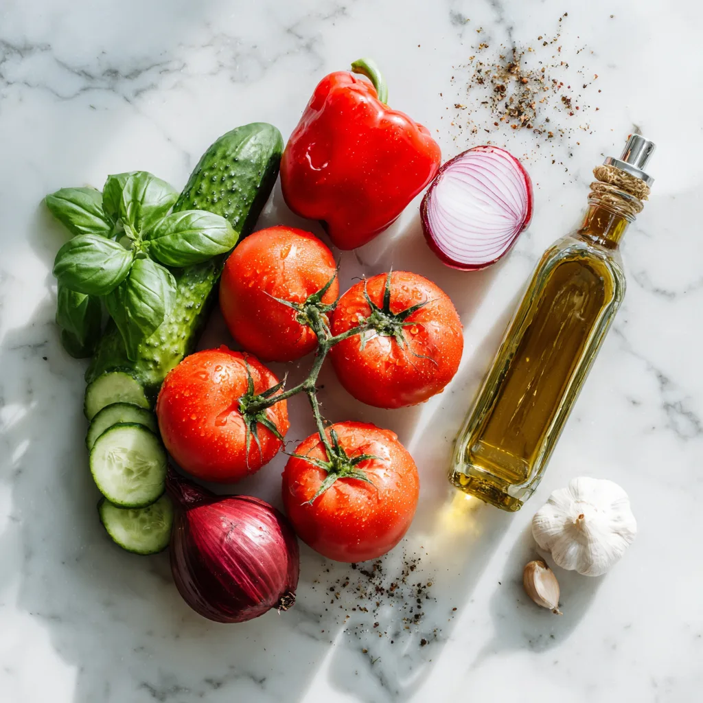 ingrédients gazpacho tomates et concombre à plat