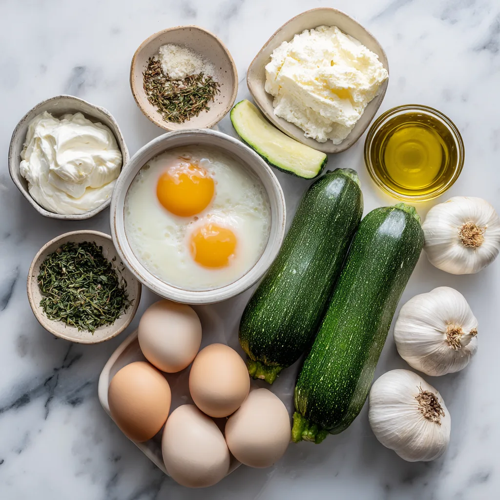 Ingrédients du gratin de courgettes disposés à plat sur marbre