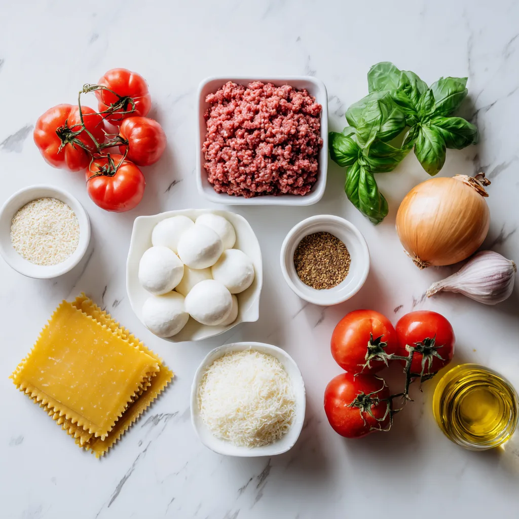 Ingrédients pour lasagnes bœuf mozzarella : viande hachée, mozzarella, pâtes, tomates et herbes