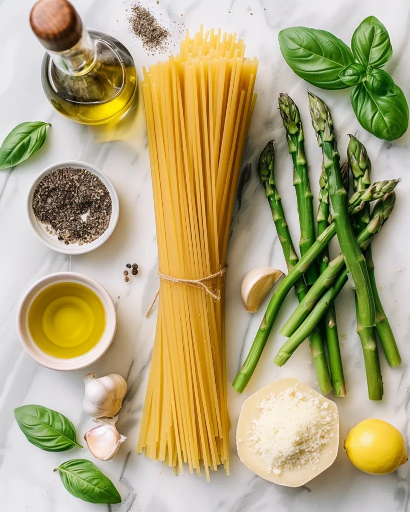 Ingrédients pour linguine aux asperges vertes et citron disposés sur marbre blanc