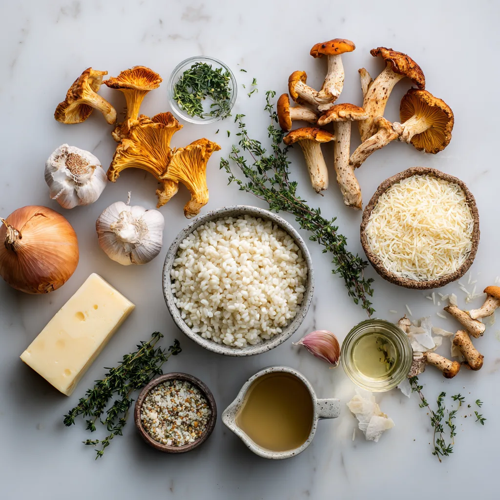 Ingrédients risotto aux champignons sauvages flatlay riz arborio cèpes girolles parmesan