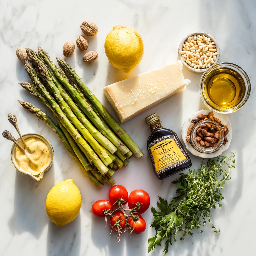 Ingrédients salade asperges grillées parmesan flat lay