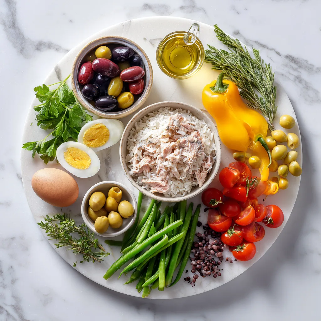 Ingrédients de la recette salade de riz niçoise disposés à plat sur fond marbre