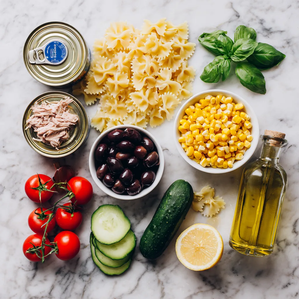 Ingrédients pour salade de pâtes au thon disposés en flat lay sur marbre blanc