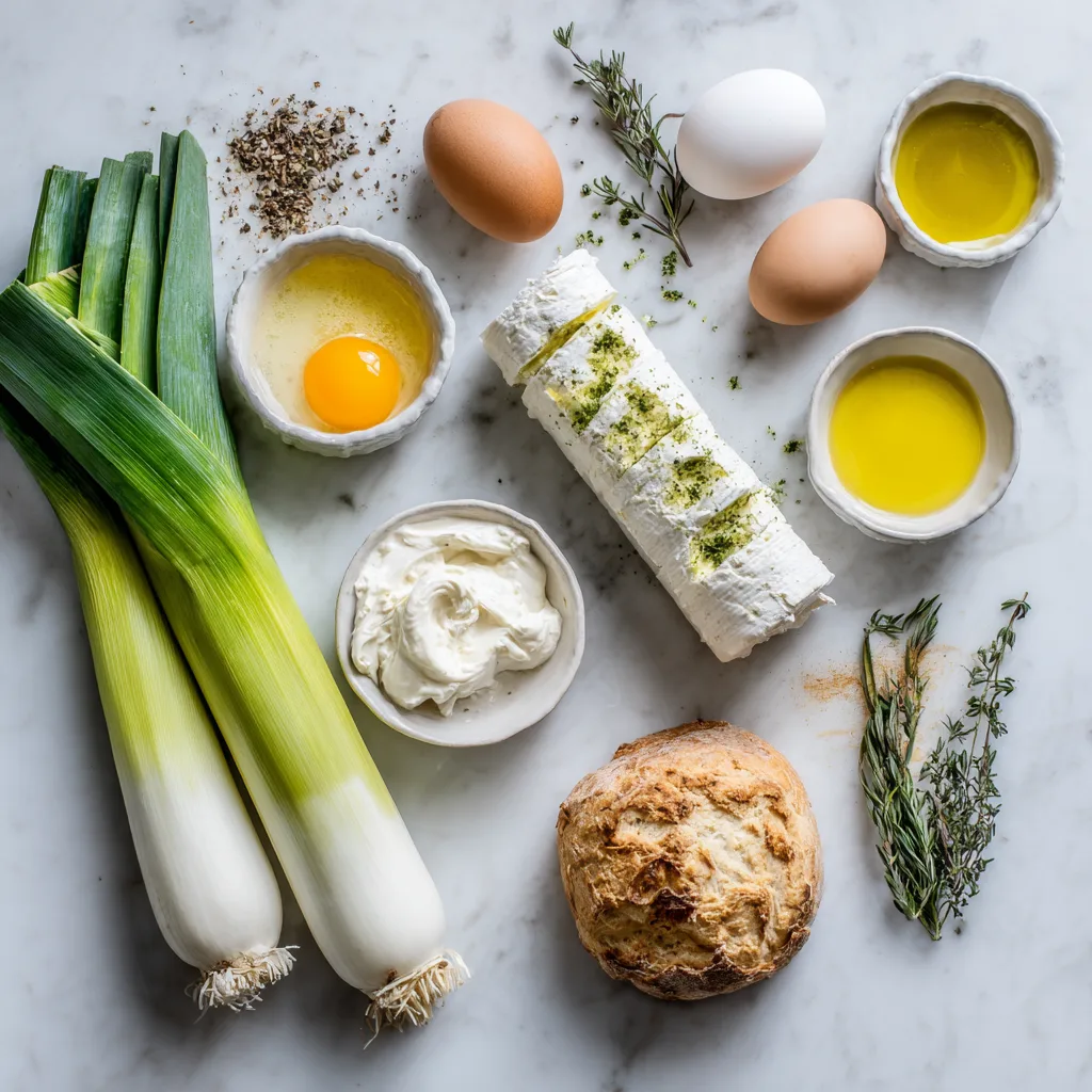 Ingrédients pour la tarte poireaux et chèvre disposés à plat sur marbre blanc