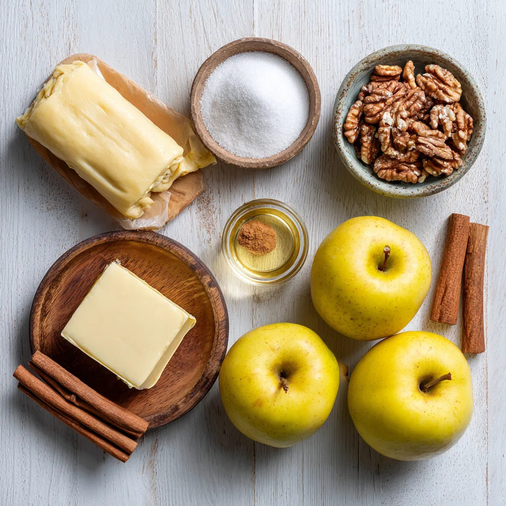 Ingrédients tarte Tatin pommes noix à plat