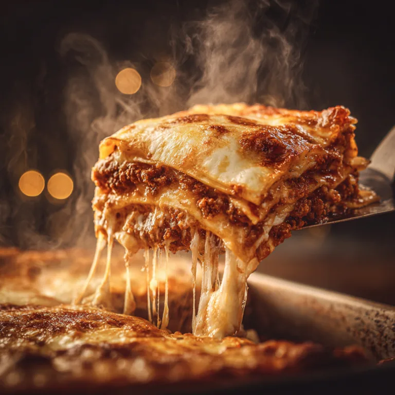 Lasagnes bœuf mozzarella avec fromage filant et couches visibles à la découpe